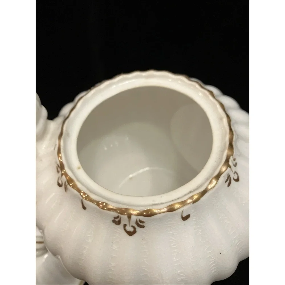 Antique Staffordshire England 6 Footed Porcelain & Stoneware Teapot White Gold